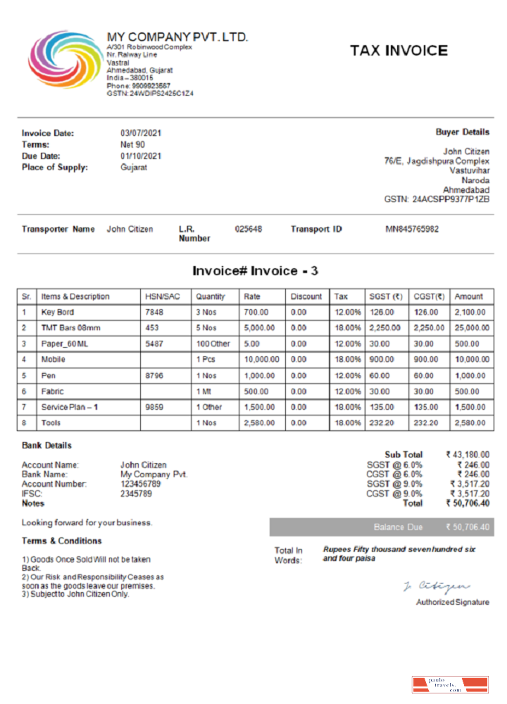 India My Company Pvt Ltd invoice PSD template